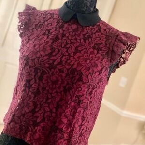 Sheer Lace Burgundy Ruffle Top